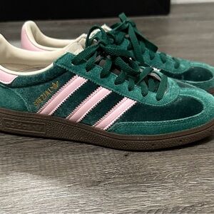 adidas Spezial Green Velvet Sneakers with Pink Stripes.